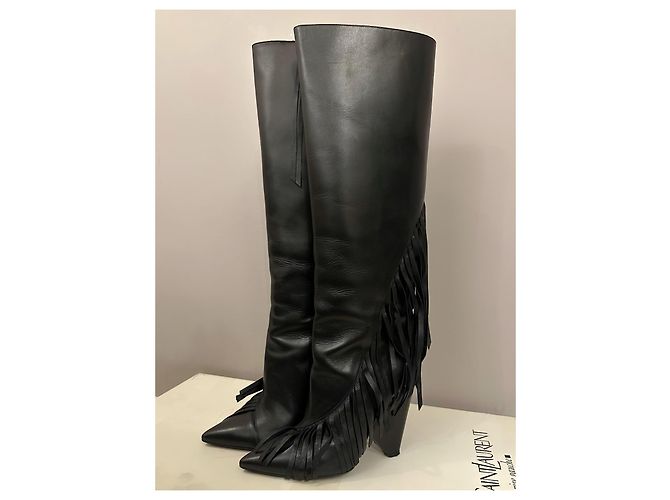 Saint Laurent Niki Botas Altas de Cuero Negro con Flecos - vista 6