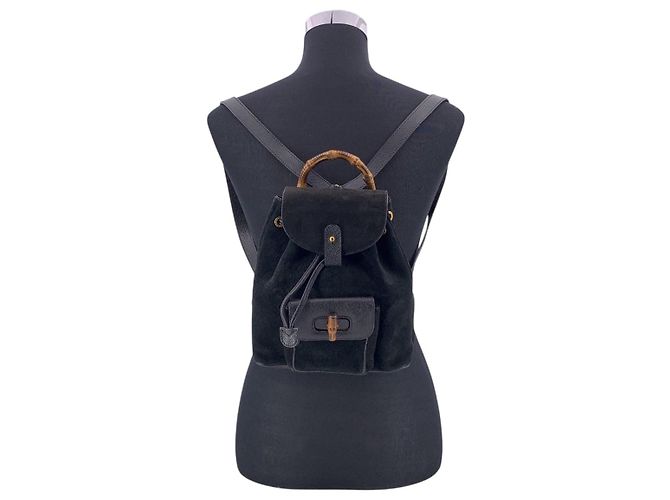 Bamboo Gucci Piccolo zaino e borsa a tracolla in scamosciato nero vintage con bambù - vista 2