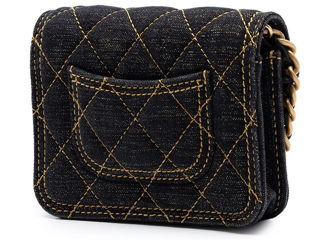 Chanel Blue Mini Gestepptes Denim Double You Kartenetui mit Kette Blau Marineblau - Ansicht 2