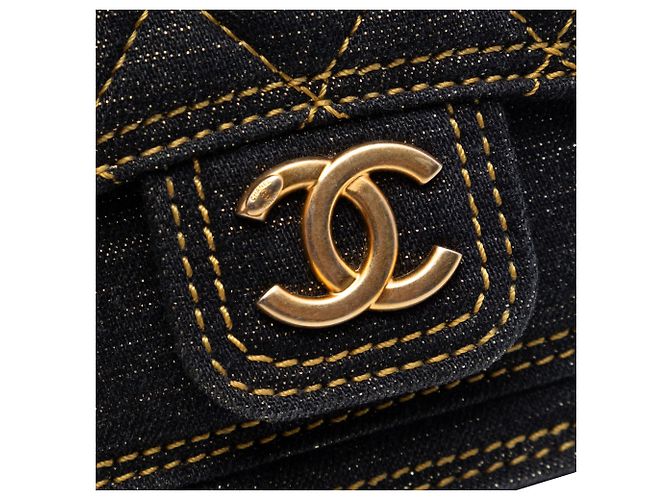 Chanel Blue Mini Gestepptes Denim Double You Kartenetui mit Kette Blau Marineblau - Ansicht 5