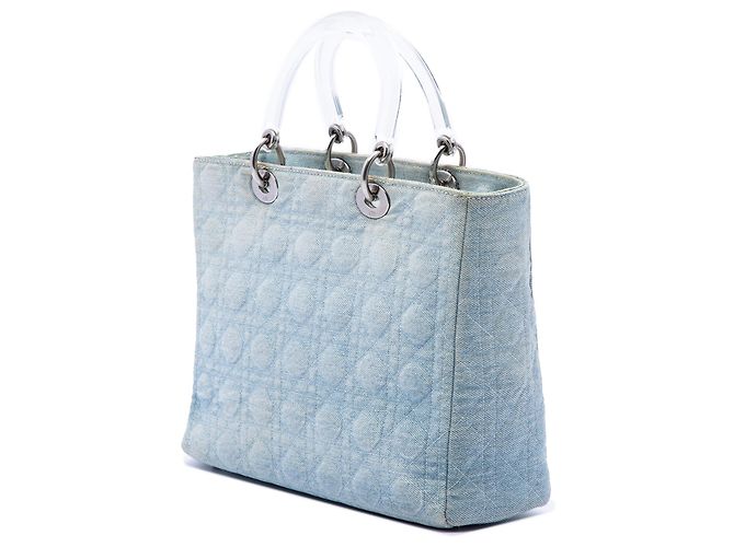 Lady Dior in denim blu, grande, con manici in acrilico Cannage di Dior - vista 2