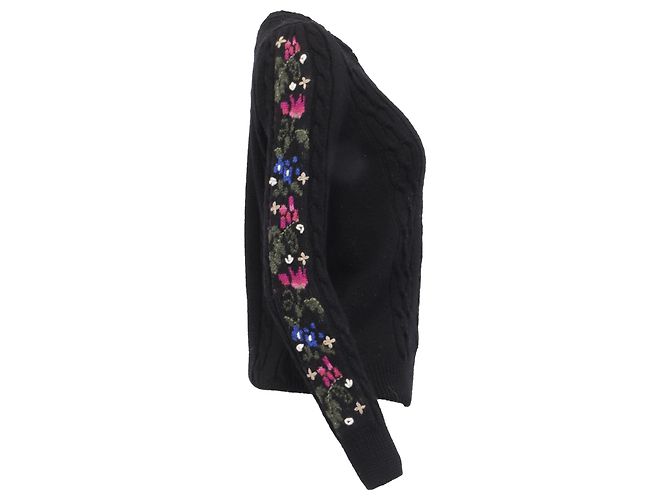 Saint Laurent Floral Cable Knit Pullover aus schwarzer Wolle - Ansicht 3