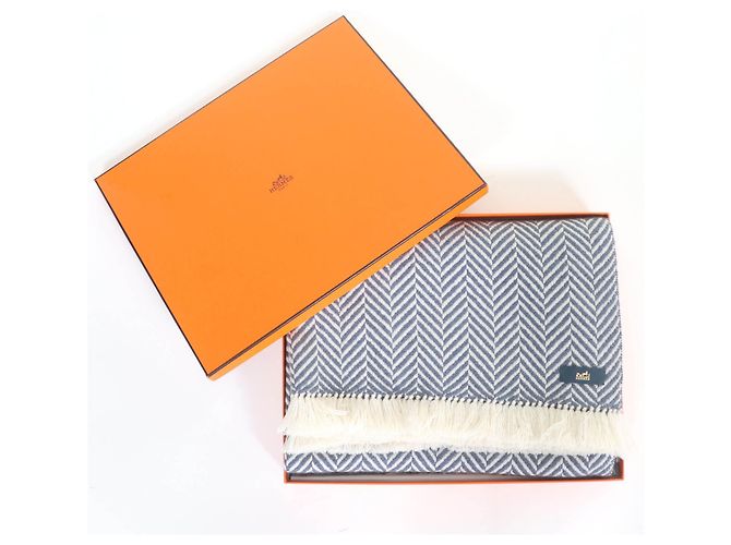 Hermès Hermes Kaschmir-Schal Weiß Blau - Ansicht 2