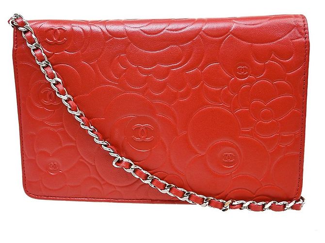 Wallet On Chain Cartera con cadena Chanel Camellia de piel Roja - vista 2