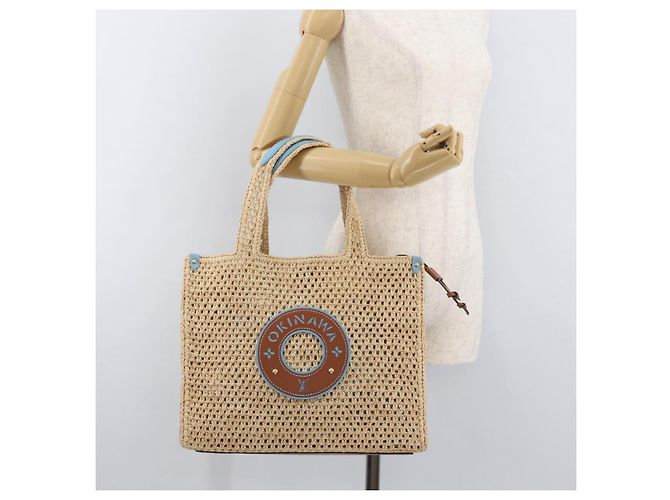 Borsa Tote LOUIS VUITTON On the Go MM Raffia Okinawa Only Beige LV Auth 182627SAM - vista 30