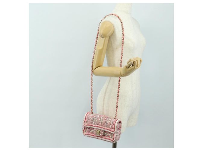 CHANEL Matelasse Chain Shoulder Bag Wool Tweed Pink Gold CC Auth 181936SAM Rosa D'oro - view 28