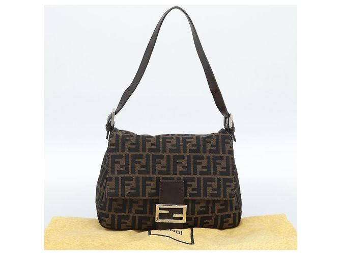 FENDI Borsa a Spalla Mamma Baguette in Tela Zucca Nero Marrone Argento Auth 183864SAM - vista 12
