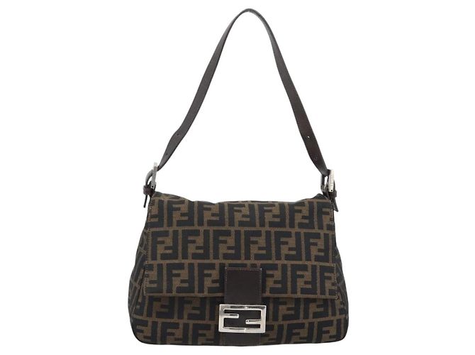 FENDI Borsa a Spalla Mamma Baguette in Tela Zucca Nero Marrone Argento Auth 183864SAM - vista 13