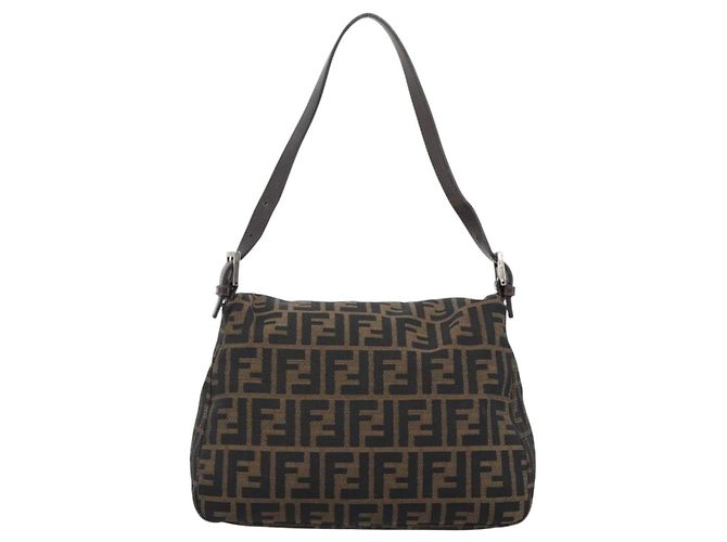 FENDI Borsa a Spalla Mamma Baguette in Tela Zucca Nero Marrone Argento Auth 183864SAM - vista 2