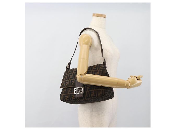 FENDI Borsa a Spalla Mamma Baguette in Tela Zucca Nero Marrone Argento Auth 183864SAM - vista 24