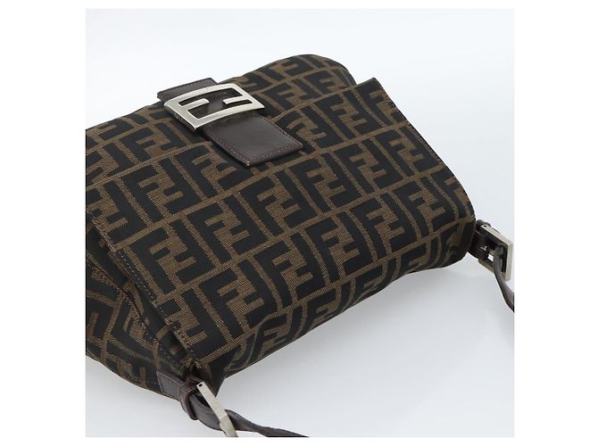 FENDI Borsa a Spalla Mamma Baguette in Tela Zucca Nero Marrone Argento Auth 183864SAM - vista 6