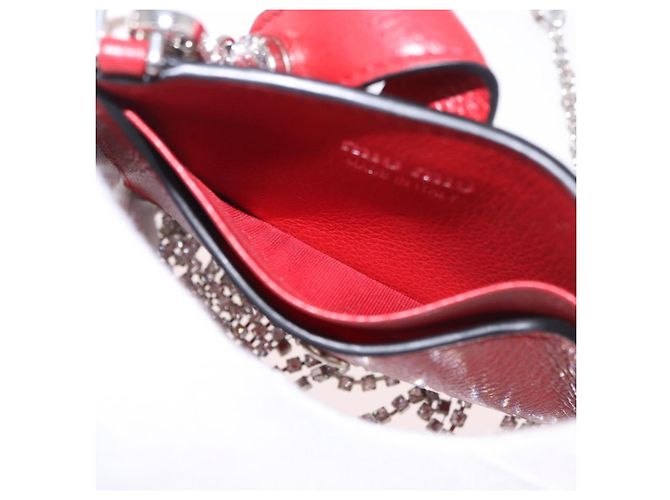 Miu Miu Chain Shoulder Card Case Leather Red Silver Auth 182957SM Silvery - view 10
