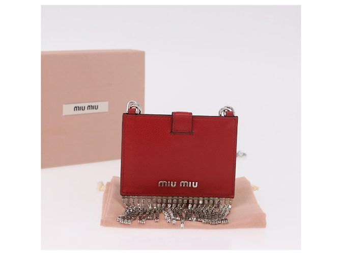 Miu Miu Chain Shoulder Card Case Leather Red Silver Auth 182957SM Silvery - view 12