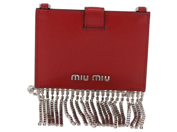 Miu Miu Chain Shoulder Card Case Leather Red Silver Auth 182957SM Silvery - view 13