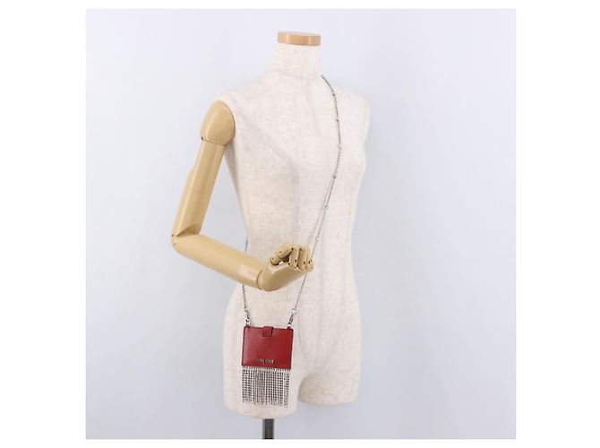 Miu Miu Chain Shoulder Card Case Leather Red Silver Auth 182957SM Silvery - view 24