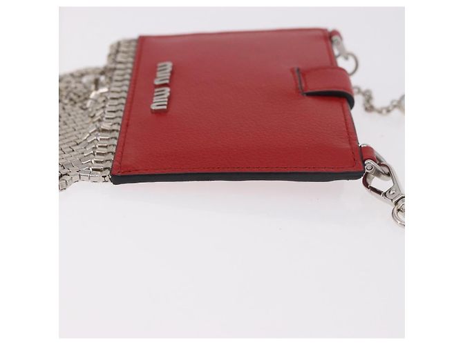 Miu Miu Chain Shoulder Card Case Leather Red Silver Auth 182957SM Silvery - view 3