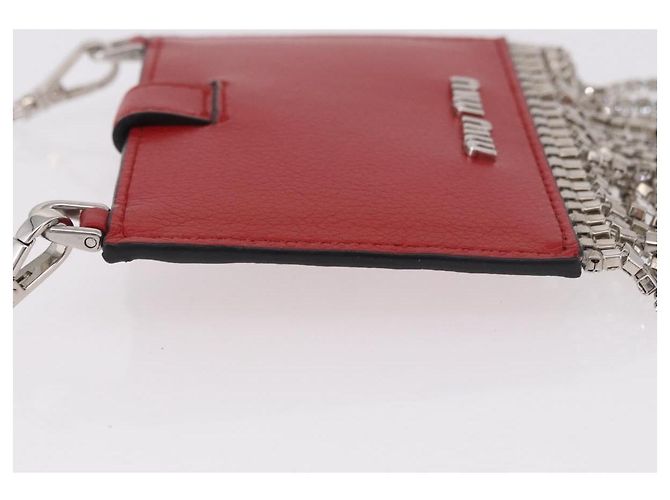 Miu Miu Chain Shoulder Card Case Leather Red Silver Auth 182957SM Silvery - view 4