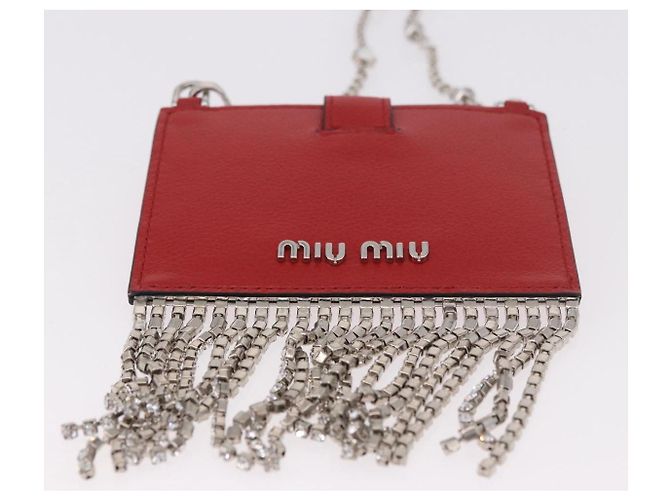 Miu Miu Chain Shoulder Card Case Leather Red Silver Auth 182957SM Silvery - view 5