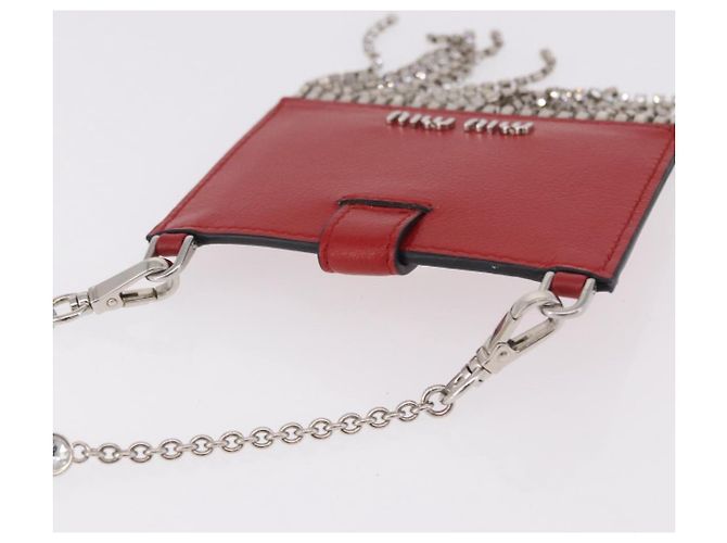 Miu Miu Chain Shoulder Card Case Leather Red Silver Auth 182957SM Silvery - view 6