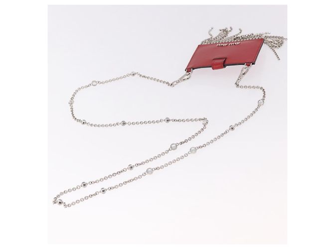 Miu Miu Chain Shoulder Card Case Leather Red Silver Auth 182957SM Silvery - view 7