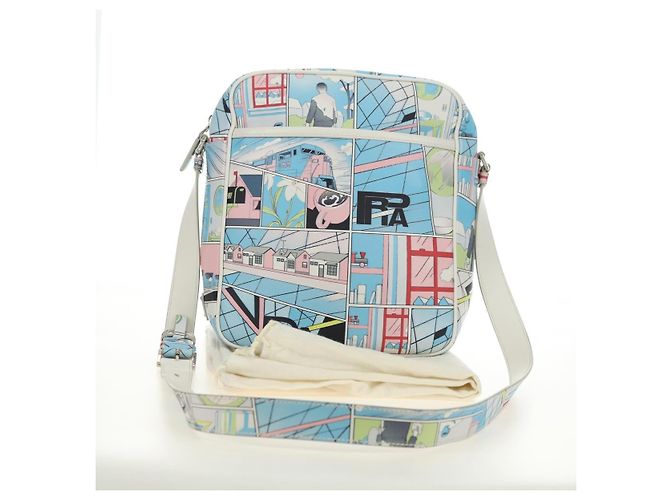 Bolso de Hombro PRADA con Estampado Comic en Cuero Blanco Plata Auth 181914SM - vista 12