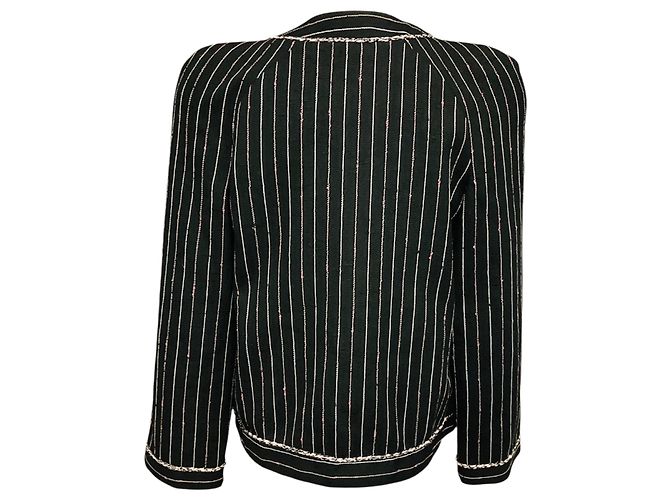 Chaqueta Chanel de lana y lino a rayas Negro / Blanco / Rosa 2023 con botones con logo CC - vista 3