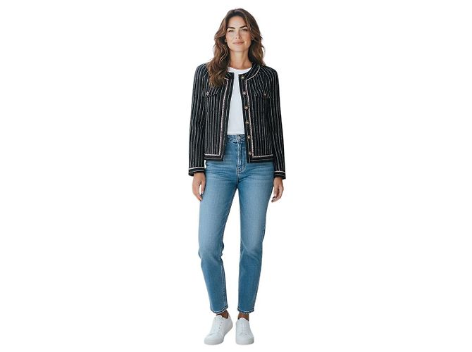 Chaqueta Chanel de lana y lino a rayas Negro / Blanco / Rosa 2023 con botones con logo CC - vista 7