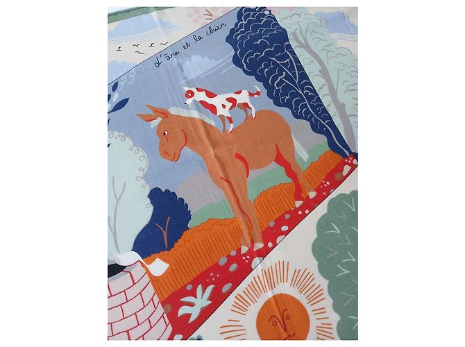 Hermès Sciarpa 140 Le Livre d'Esope Seta e Cashmere Marrone Rosa Bianco Multicolore Beige Verde - vista 10