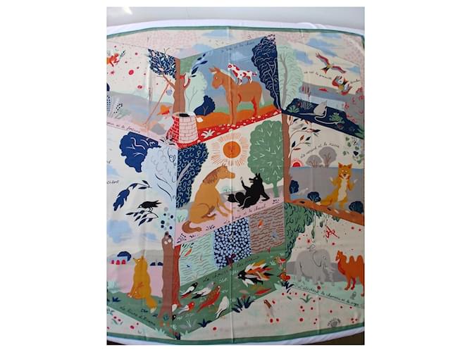 Hermès Sciarpa 140 Le Livre d'Esope Seta e Cashmere Marrone Rosa Bianco Multicolore Beige Verde - vista 2