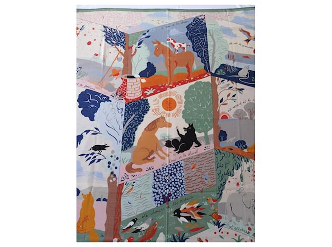 Hermès Sciarpa 140 Le Livre d'Esope Seta e Cashmere Marrone Rosa Bianco Multicolore Beige Verde - vista 3