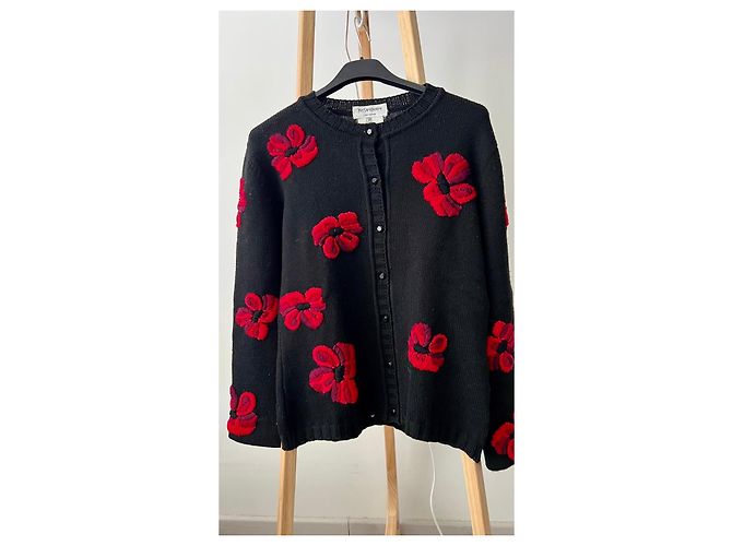 Yves Saint Laurent Cárdigan de Lana Negra con Flores Rojas Negro - vista 2