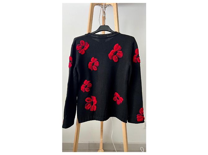 Yves Saint Laurent Cárdigan de Lana Negra con Flores Rojas Negro - vista 3