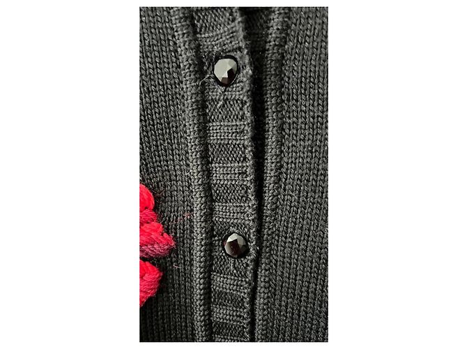 Yves Saint Laurent Cárdigan de Lana Negra con Flores Rojas Negro - vista 5