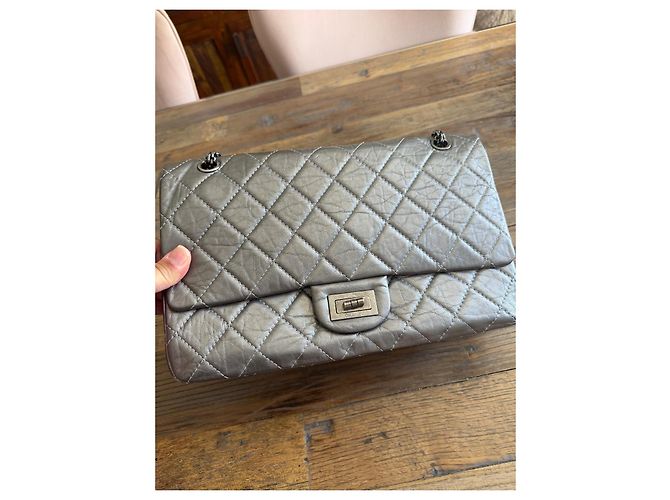 Chanel 2.55 Borsa a Patta Pelle Metallizzata Grigia Grigio - vista 5