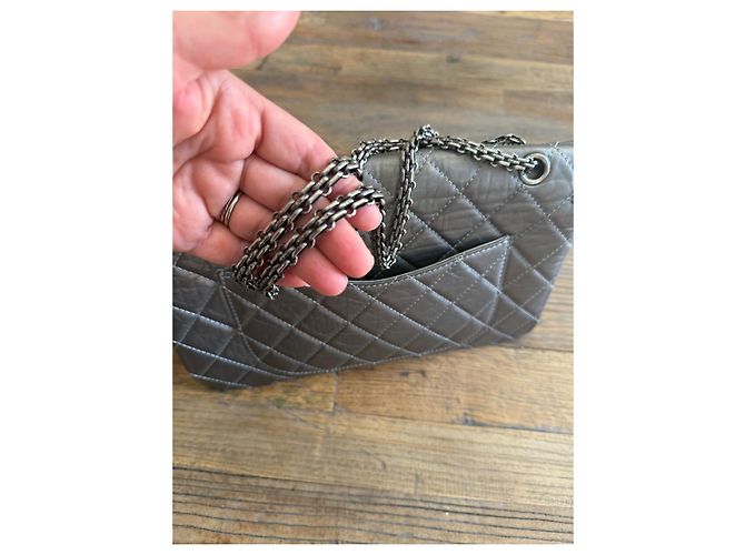 Chanel 2.55 Borsa a Patta Pelle Metallizzata Grigia Grigio - vista 9
