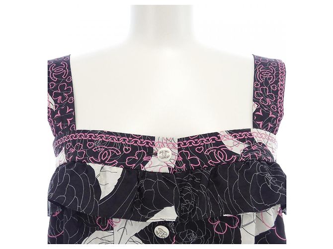 Top de seda Chanel Negro Rosa Blanco - vista 6