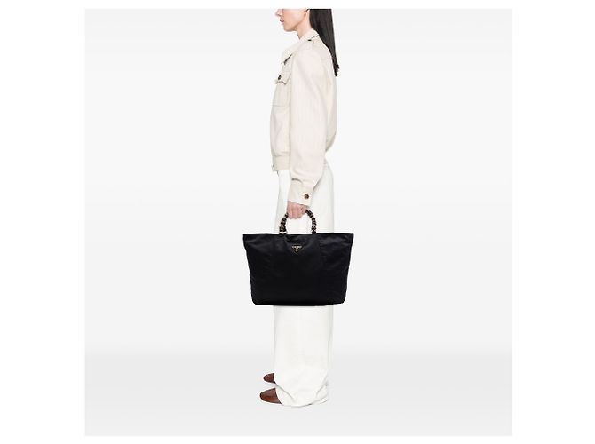 Prada Black Tessuto Tote mit Perlenhenkel Schwarz - Ansicht 6