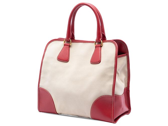 Borsa Prada Beige Saffiano Trimmed Canvas Canapa Logo - vista 2