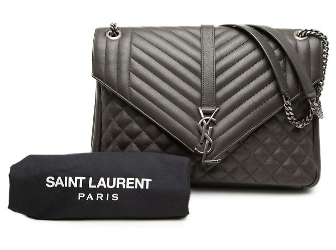 Saint Laurent College Tasche aus grauem Triquilt-Schafsleder mit Monogramm, Größe Large - Ansicht 8