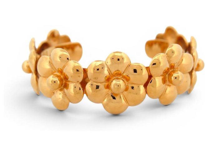 BRACCIALE VINTAGE RARO CHANEL MANCHETTE FLEURS METAL DORE 16 GOLD BANGLE 1970's D'oro - vista 2