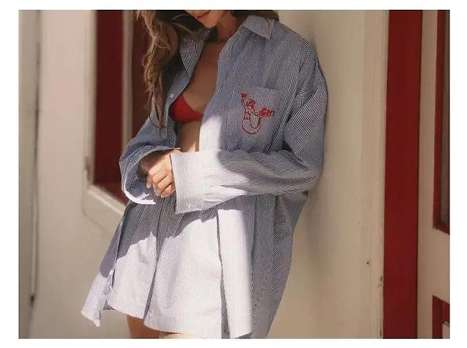 Autre Marque GRES Camicia Oversize a Righe con Ricamo Sirena Bianco Blu - vista 11