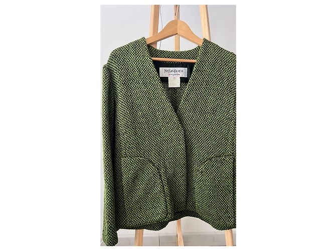 Yves Saint Laurent Rive Gauche Giacca in Tweed Verde e Nero - vista 2