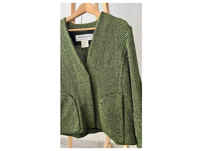 Yves Saint Laurent Rive Gauche Giacca in Tweed Verde e Nero - vista 3