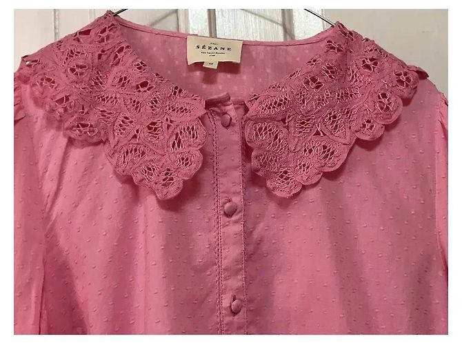 SéZane Blusa de Algodón Rosa con Cuello de Encaje - vista 2