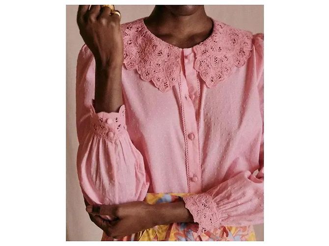 SéZane Blusa de Algodón Rosa con Cuello de Encaje - vista 4