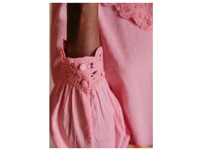 SéZane Blusa de Algodón Rosa con Cuello de Encaje - vista 6