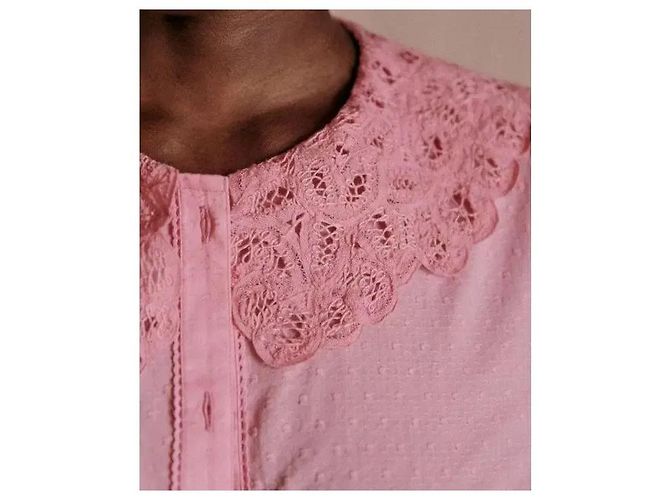 SéZane Blusa de Algodón Rosa con Cuello de Encaje - vista 7