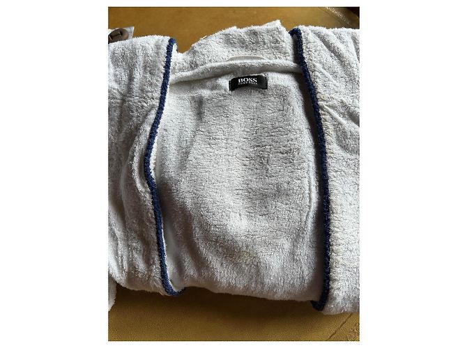 Hugo Boss White Cotton Hooded Bathrobe with Navy Trim Navy blue - view 18