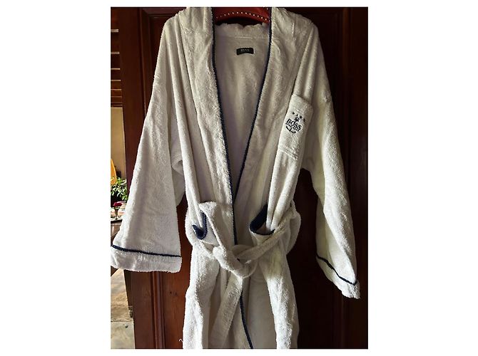 Hugo Boss White Cotton Hooded Bathrobe with Navy Trim Navy blue - view 3