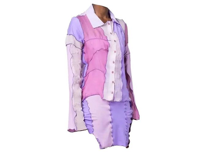 Autre Marque Sherris Patchwork-Bluse mit Rüschen Pink Beige Lila - Ansicht 8